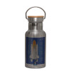 Stainless steel metallic thermos flask, silver with a bamboo lid, double-walled, 350ml.