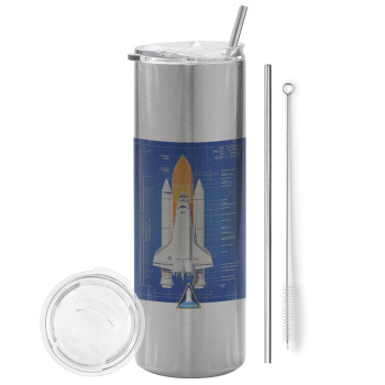 Nasa Space Shuttle, Eco friendly ποτήρι θερμό Ασημένιο (tumbler) από ανοξείδωτο ατσάλι 600ml, με μεταλλικό καλαμάκι & βούρτσα καθαρισμού