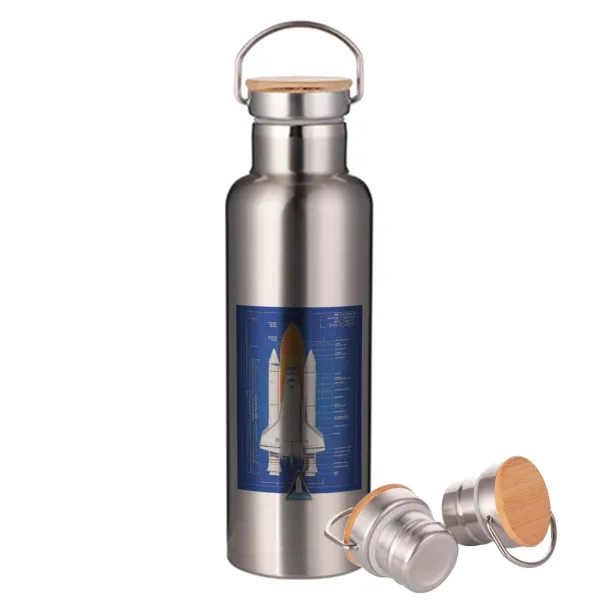 Nasa Space Shuttle — Stainless steel Silver with wooden lid (bamboo), double wall, 750ml