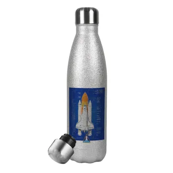 Nasa Space Shuttle, Μεταλλικό παγούρι θερμός Glitter Aσημένιο (Stainless steel), διπλού τοιχώματος, 500ml