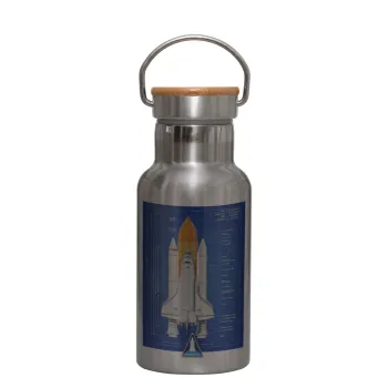 Nasa Space Shuttle, Stainless steel metallic thermos flask, silver with a bamboo lid, double-walled, 350ml.