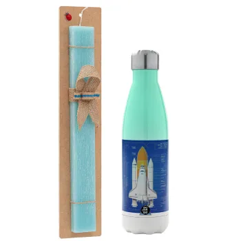 Nasa Space Shuttle, Easter Set, Metallic green/white thermos (Stainless steel), double-walled, 500ml & scented flat Easter candle (30cm) (TURQUOISE)
