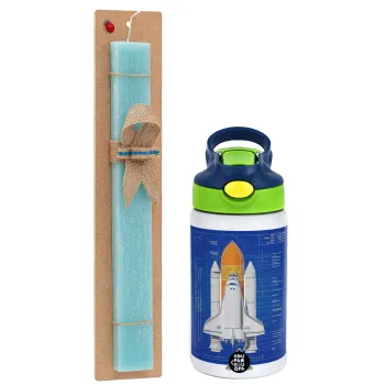 Nasa Space Shuttle, Easter Set, Children's thermal stainless steel bottle with safety straw, green/blue (350ml) & aromatic flat Easter candle (30cm) (TURQUOISE)