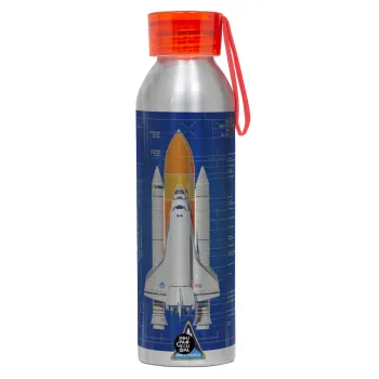 Nasa Space Shuttle, Αλουμινένιο Αθλητικό Μπουκάλι 650ml – Ασημί με Κόκκινο Καπάκι και Λουράκι Σιλικόνης