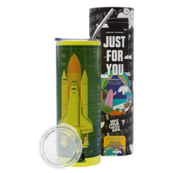 Nasa Space Shuttle, Neon Yellow Travel Tumbler θερμό, μεταλλικό καλαμάκι(Ανωξείδωτο 304 Food grade, BPA free, 600ml)