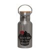 Stainless steel metallic thermos flask, silver with a bamboo lid, double-walled, 350ml.