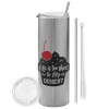 Tumbler stainless steel Silver 600ml, with metal straw & cleaning brush