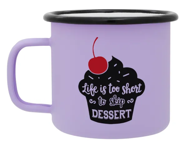 Life is too short — Metal enamel mug, matte light pastel purple, 360ml