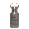 Stainless steel metallic thermos flask, silver with a bamboo lid, double-walled, 350ml.