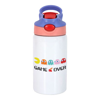 GAME OVER pac-man, Children's hot water bottle, stainless steel, with safety straw, pink/purple (350ml)
