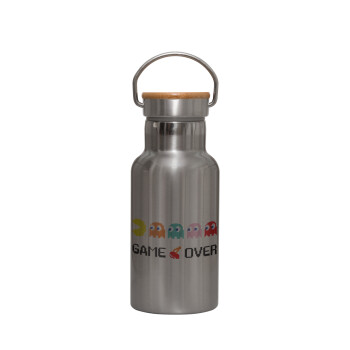 GAME OVER pac-man, Stainless steel metallic thermos flask, silver with a bamboo lid, double-walled, 350ml.