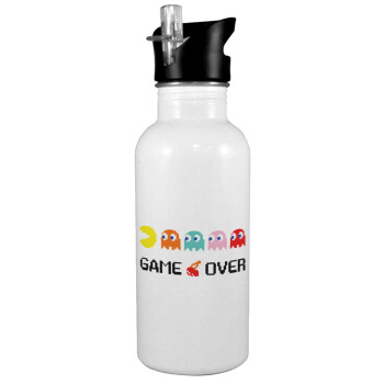 GAME OVER pac-man, White water bottle with straw, stainless steel 600ml
