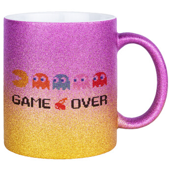 GAME OVER pac-man, Κούπα Χρυσή/Ροζ Glitter, κεραμική, 330ml