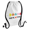 GAME OVER pac-man, Τσάντα πλάτης πουγκί GYMBAG λευκή, με τσέπη (40x48cm) & χονδρά κορδόνια