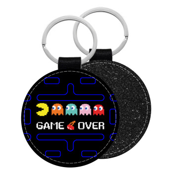 GAME OVER pac-man, Μπρελόκ Δερματίνη, στρογγυλό ΜΑΥΡΟ (5cm)