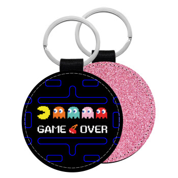 GAME OVER pac-man, Μπρελόκ Δερματίνη, στρογγυλό ΡΟΖ (5cm)