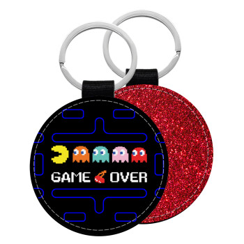 GAME OVER pac-man, Μπρελόκ Δερματίνη, στρογγυλό ΚΟΚΚΙΝΟ (5cm)