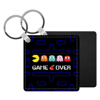 GAME OVER pac-man, Μπρελόκ Δερματίνη, τετράγωνο ΜΑΥΡΟ (5x5cm)