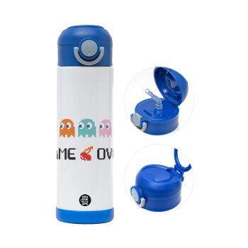 GAME OVER pac-man, Children's hot water bottle, stainless steel, with safety straw, BLUE (500ml)