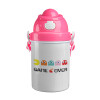 GAME OVER pac-man, Ροζ παιδικό παγούρι πλαστικό (BPA-FREE) με καπάκι ασφαλείας, κορδόνι και καλαμάκι, 400ml