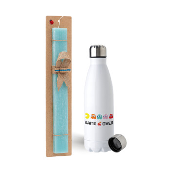 GAME OVER pac-man, Easter Set, metallic stainless steel water bottle (750ml) & aromatic flat Easter candle (30cm) (TURQUOISE)