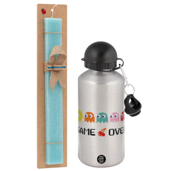 GAME OVER pac-man, Easter Set, metallic silver aluminum water bottle (500ml) & scented flat Easter candle (30cm) (TURQUOISE)