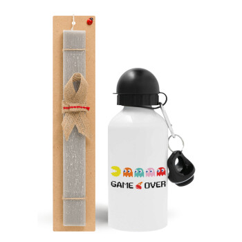 GAME OVER pac-man, Easter Set, metallic aluminum water bottle (500ml) & aromatic flat Easter candle (30cm) (GRAY)