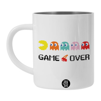 GAME OVER pac-man, Λευκή Ανοξείδωτη Μεταλλική Κούπα 450ml - Διπλού Τοιχώματος 