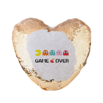 GAME OVER pac-man, Μαξιλάρι καναπέ καρδιά Μαγικό Χρυσό με πούλιες 40x40cm περιέχεται το  γέμισμα