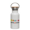 Metallic thermos (Stainless steel) White with wooden lid (bamboo), double-walled, 350ml