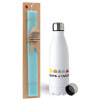 Easter Set, metallic stainless steel water bottle (750ml) & aromatic flat Easter candle (30cm) (TURQUOISE)
