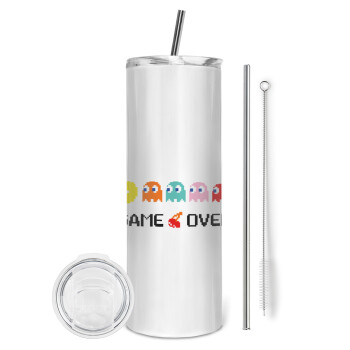 GAME OVER pac-man, Eco friendly stainless steel tumbler 600ml, with metal straw & cleaning brush