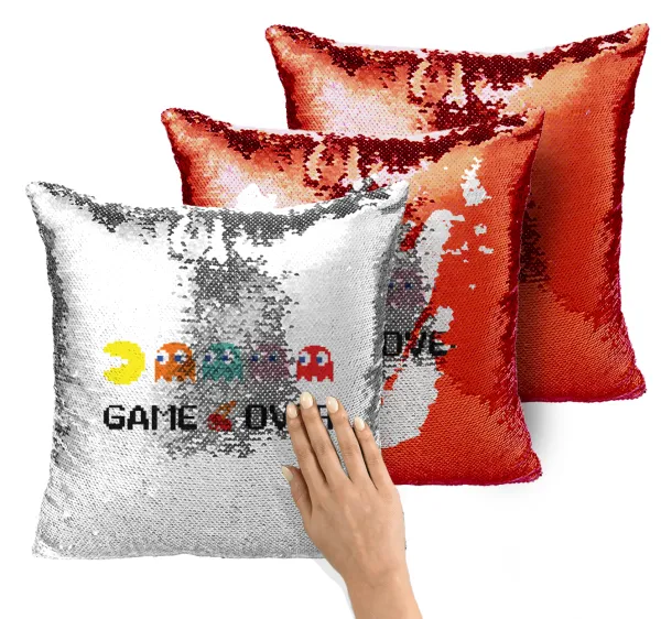 GAME OVER pac-man — Magic sofa cushion with red sequins, 40x40cm, filling included
