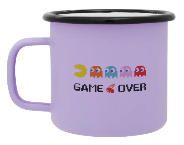 GAME OVER pac-man — Metal enamel mug, matte light pastel purple, 360ml