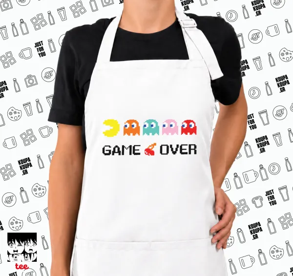 GAME OVER pac-man — White chef's cooking apron with pockets (adult, white)