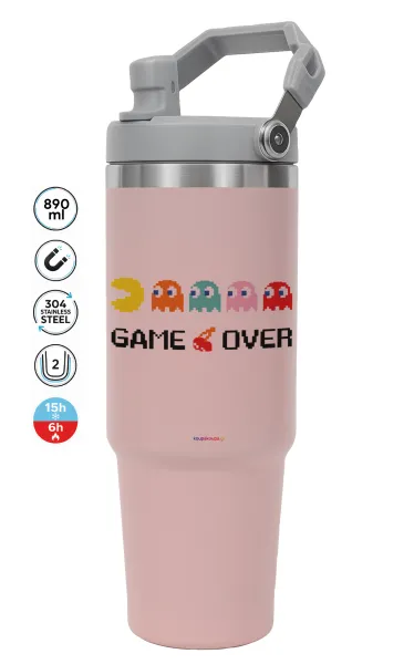 GAME OVER pac-man — ΡΟΖ Travel Tumbler Θερμός με χερούλι και καλαμάκι 890ml