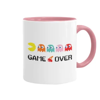 GAME OVER pac-man, Κούπα χρωματιστή ροζ, κεραμική, 330ml