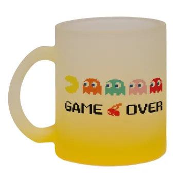 GAME OVER pac-man, Κούπα γυάλινη δίχρωμη με βάση το κίτρινο ματ, 330ml