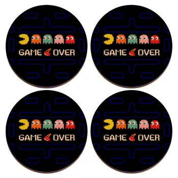 GAME OVER pac-man, ΣΕΤ x4 Σουβέρ ξύλινα στρογγυλά plywood (9cm)