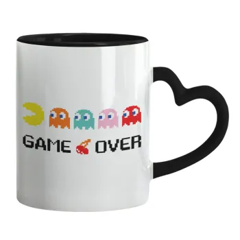 GAME OVER pac-man, Κούπα καρδιά χερούλι μαύρη, κεραμική, 330ml