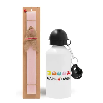 GAME OVER pac-man, Easter Set, metallic aluminum bottle (500ml) & aromatic flat Easter candle (30cm) (PINK)