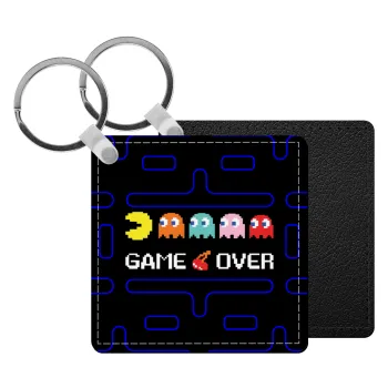 GAME OVER pac-man, Μπρελόκ Δερματίνη, τετράγωνο ΜΑΥΡΟ (5x5cm)