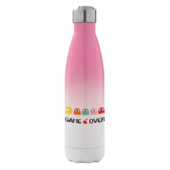 GAME OVER pac-man, Μεταλλικό παγούρι θερμός Ροζ/Λευκό (Stainless steel), διπλού τοιχώματος, 500ml