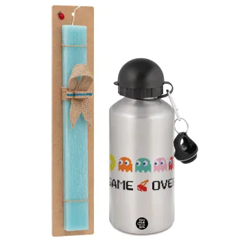 GAME OVER pac-man, Easter Set, metallic silver aluminum water bottle (500ml) & scented flat Easter candle (30cm) (TURQUOISE)