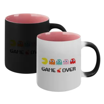 GAME OVER pac-man, Κούπα Μαγική εσωτερικό ΡΟΖ, κεραμική 330ml που αλλάζει χρώμα με το ζεστό ρόφημα