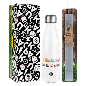 GAME OVER pac-man, Easter candle, metallic white thermos bottle (500ml) & aromatic flat candle (30cm) (GRAY)