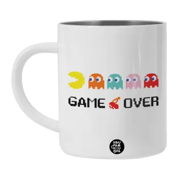 GAME OVER pac-man, Λευκή Ανοξείδωτη Μεταλλική Κούπα 450ml - Διπλού Τοιχώματος 