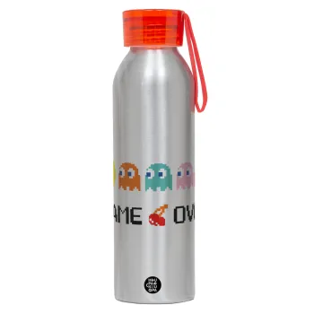 GAME OVER pac-man, Αλουμινένιο Αθλητικό Μπουκάλι 650ml – Ασημί με Κόκκινο Καπάκι και Λουράκι Σιλικόνης