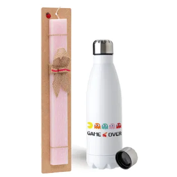 GAME OVER pac-man, Easter Set, metallic stainless steel water bottle (750ml) & scented flat Easter candle (30cm) (PINK)