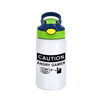 Caution, angry gamer!, Children's hot water bottle, stainless steel, with safety straw, green, blue (350ml)